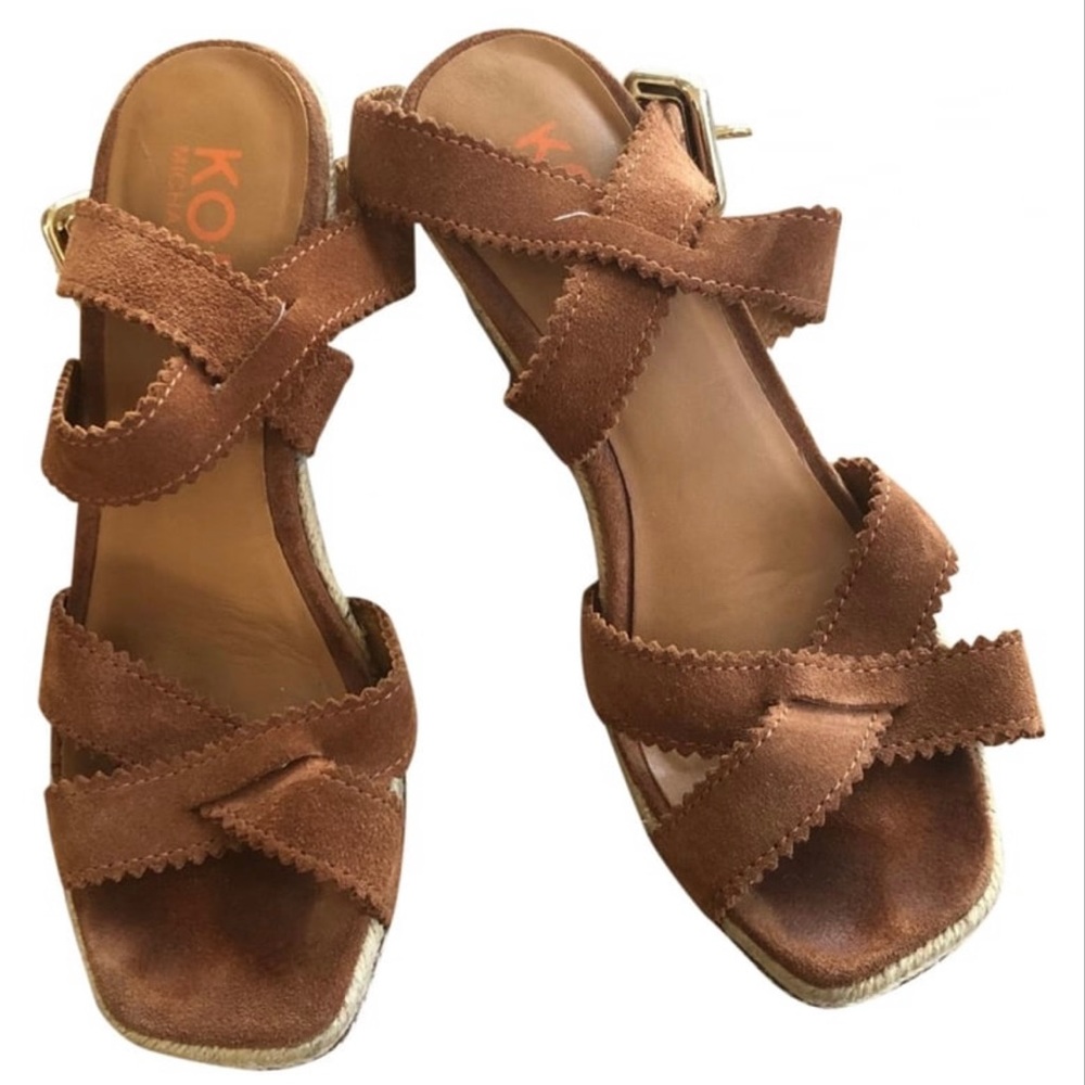 MK butterscotch suede wedges with gold buckle